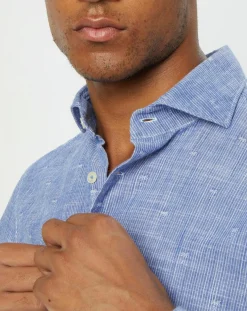 Chemise slim fit rayures & broderies shaped fit bleue