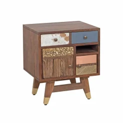 Chevet multi-matériaux peau de vache bois sculpté Naturel - 50x40x55 cm