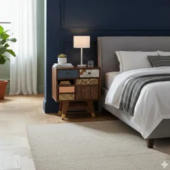 Chevet multi-matériaux peau de vache bois sculpté Naturel - 50x40x55 cm