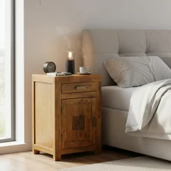 Chevet strié bois - Charnière gauche Marron - 40x30x60 cm