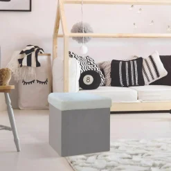 Coffre Pouf pliable imitation fourrure Leo gris - 38x38x38 cm