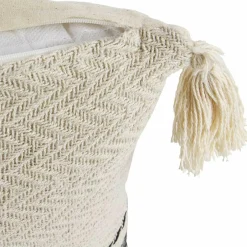 Coussin berbère rayures pompons beige/noir/beige - 40x40 cm