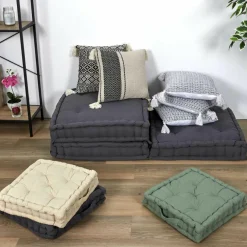 Coussin berbère rayures pompons beige/noir/beige - 40x40 cm