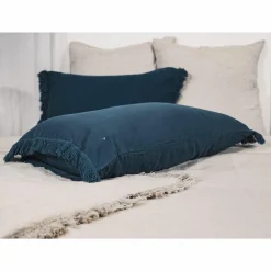 Coussin en lin finitions frangées bleu 65x65cm