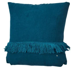Coussin en lin frangé bleu 35x35cm