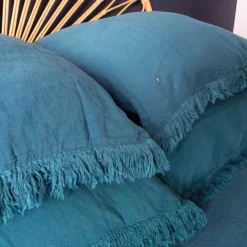 Coussin en lin frangé bleu 80x80cm
