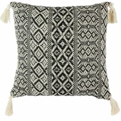 Coussin ethnique pompons beige/noir - 40x40 cm