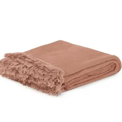 Couvre-lit en lin finitions frangées rose 250x250cm