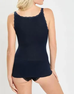 Débardeur bretelles fines contours dentelle bleu marine