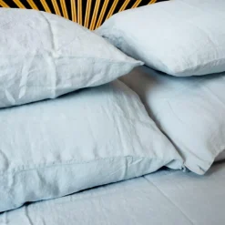 Drap housse en lin lavé bleu 140x200cm