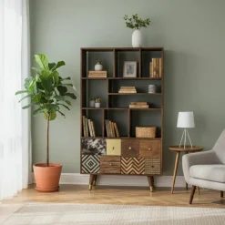 Etagère multi-matériaux peau de vache bois sculpté Naturel - 100x40x175 cm