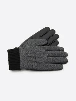 Gants bi-matière cuir et flanelle gris chiné moyen