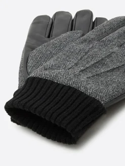 Gants bi-matière cuir et flanelle gris chiné moyen