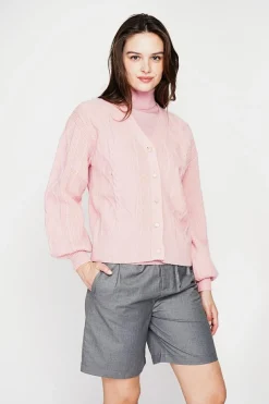 Gilet col v rose poudré