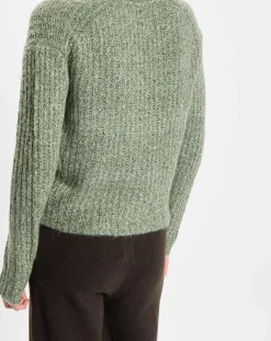 Gilet en Coton, Laine & Alpaga mélangés grosse maille chiné vert foncé