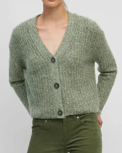 Gilet en Coton, Laine & Alpaga mélangés grosse maille chiné vert foncé