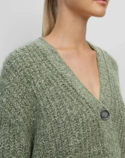Gilet en Coton, Laine & Alpaga mélangés grosse maille chiné vert foncé