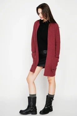 Gilet long à col châle bordeaux