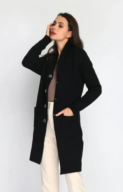 Gilet long en Cachemire mélangé col châle fourré thermique noir