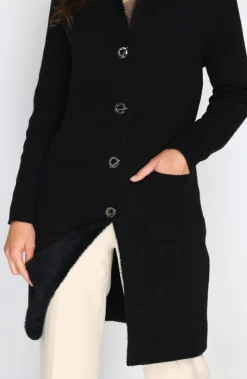 Gilet long en Cachemire mélangé col châle fourré thermique noir