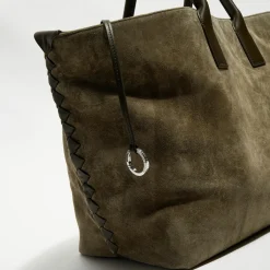 Grand cabas en Velours de Cuir kaki - 33x45x20 cm