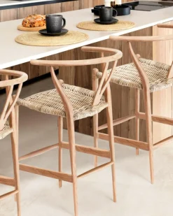 Hirosi - Chaise de bar en teck massif et rotin