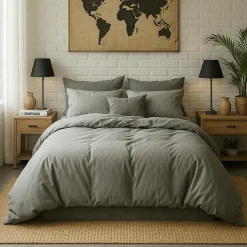 Housse de couette en percale de coton lavé gris perle