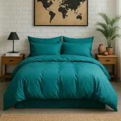 Housse de couette en percale de coton lavé bleu canard