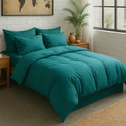 Housse de couette en percale de coton lavé bleu canard