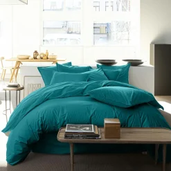 Housse de couette en percale de coton lavé bleu canard