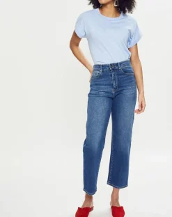 Jean Droit taille haute élastique bleu moyen