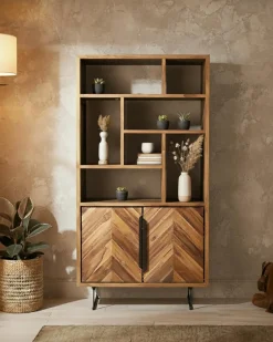 Kappa - Petite bibliothèque industrielle en teck maffis recyclé avec motif chevron 100 cm