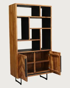 Kappa - Petite bibliothèque industrielle en teck maffis recyclé avec motif chevron 100 cm