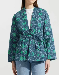 Kimono ceinturé Nougat imprimé bleu/vert