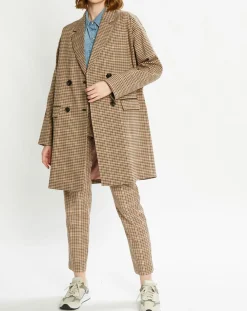 Manteau droit double boutonnage à carreaux beige/marron