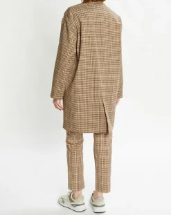 Manteau droit double boutonnage à carreaux beige/marron