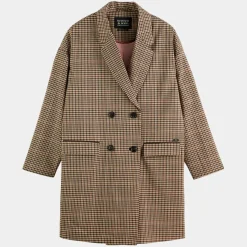 Manteau droit double boutonnage à carreaux beige/marron