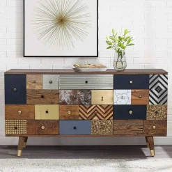 Meuble d'entrée peau de vache bois sculpté manguier terranova miel clair - 150x40x78 cm