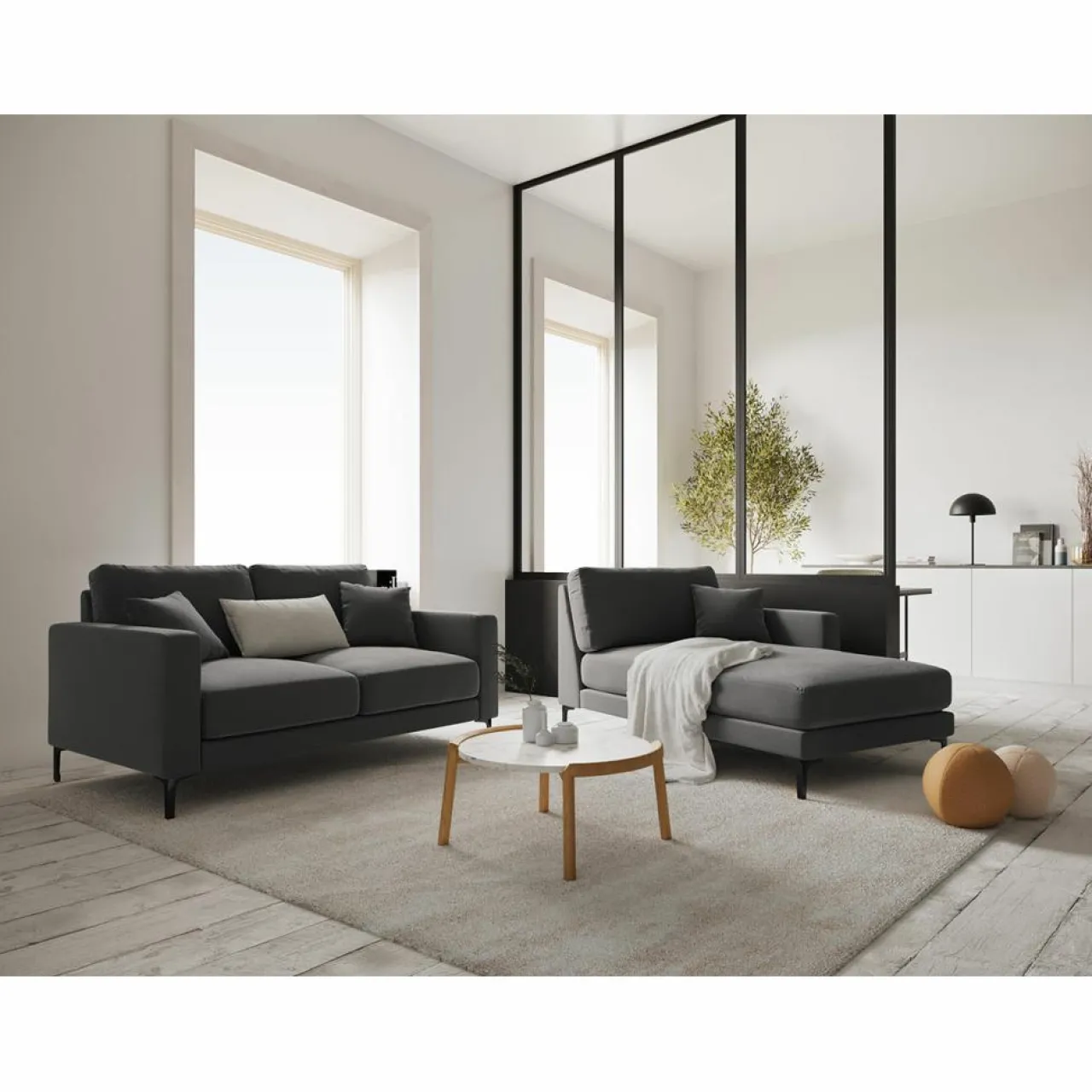 Méridienne Velours Droite Venus grise - 160x104x90 cm