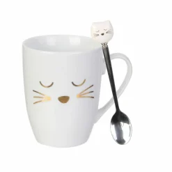 Mug avec cuillère chat en Porcelaine blanc/doré - 11.5x8.2x10 cm