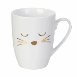 Mug avec cuillère chat en Porcelaine blanc/doré - 11.5x8.2x10 cm