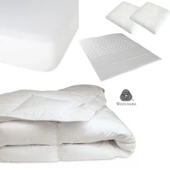 Pack 5 pièces : 2 Oreillers + Protège-Matelas + Couette + Surmatelas - 160x200 cm