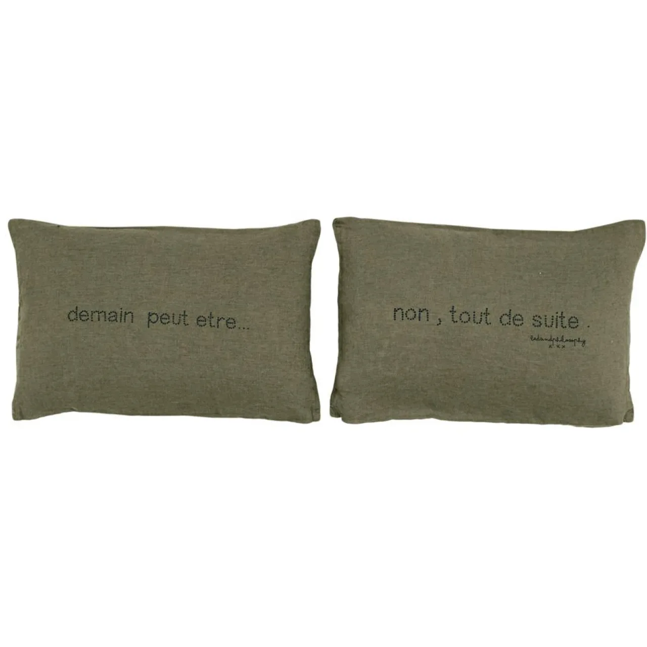 Paire de coussins sérigraphiés en lin verts 25x40cm