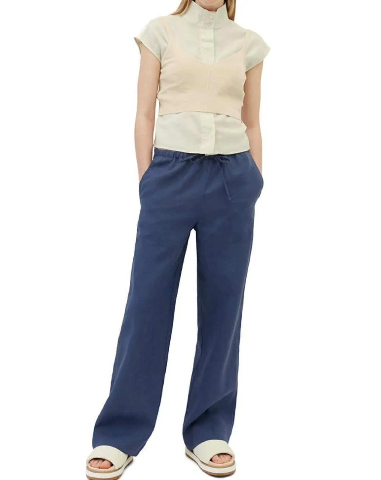 Pantalon 100% Lin Elastique Lin bleu moyen