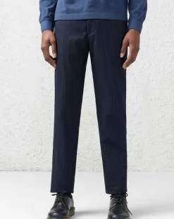 Pantalon chino slim en Laine & Coton Porths rayé marine