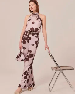 Pantalon imprimé fleuri en satin parme