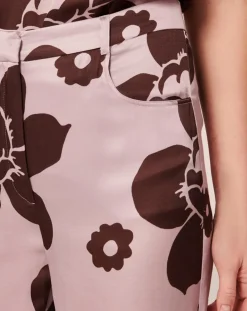 Pantalon imprimé fleuri en satin parme