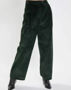 Pantalon large en Velours côtelé à revers vert foncé