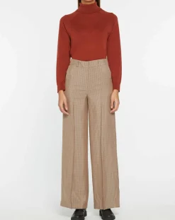 Pantalon large et fluide imprimé pied-de-poule marron