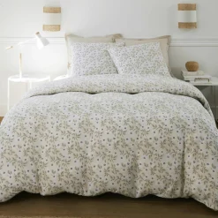 Parure Housse de Couette 100% Gaze de Coton Imprimé Loucile blanche